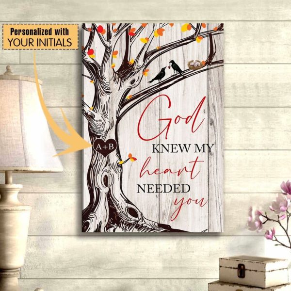 God Knew My Heart Needed You, Personalized Initials Carved In Tree Canvas Gallery Painting Wrapped Canvas