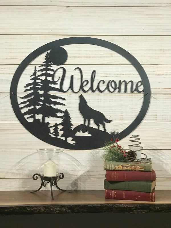 Large Metal Wolf And Moon Welcome Sign 30 Inch Rustic Metal Decor Hunt