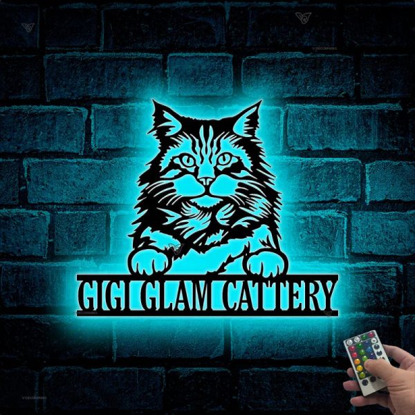 Custom Peeking Maine Coon Cat Metal Wall Art Led Lights, Personalized - Image 2